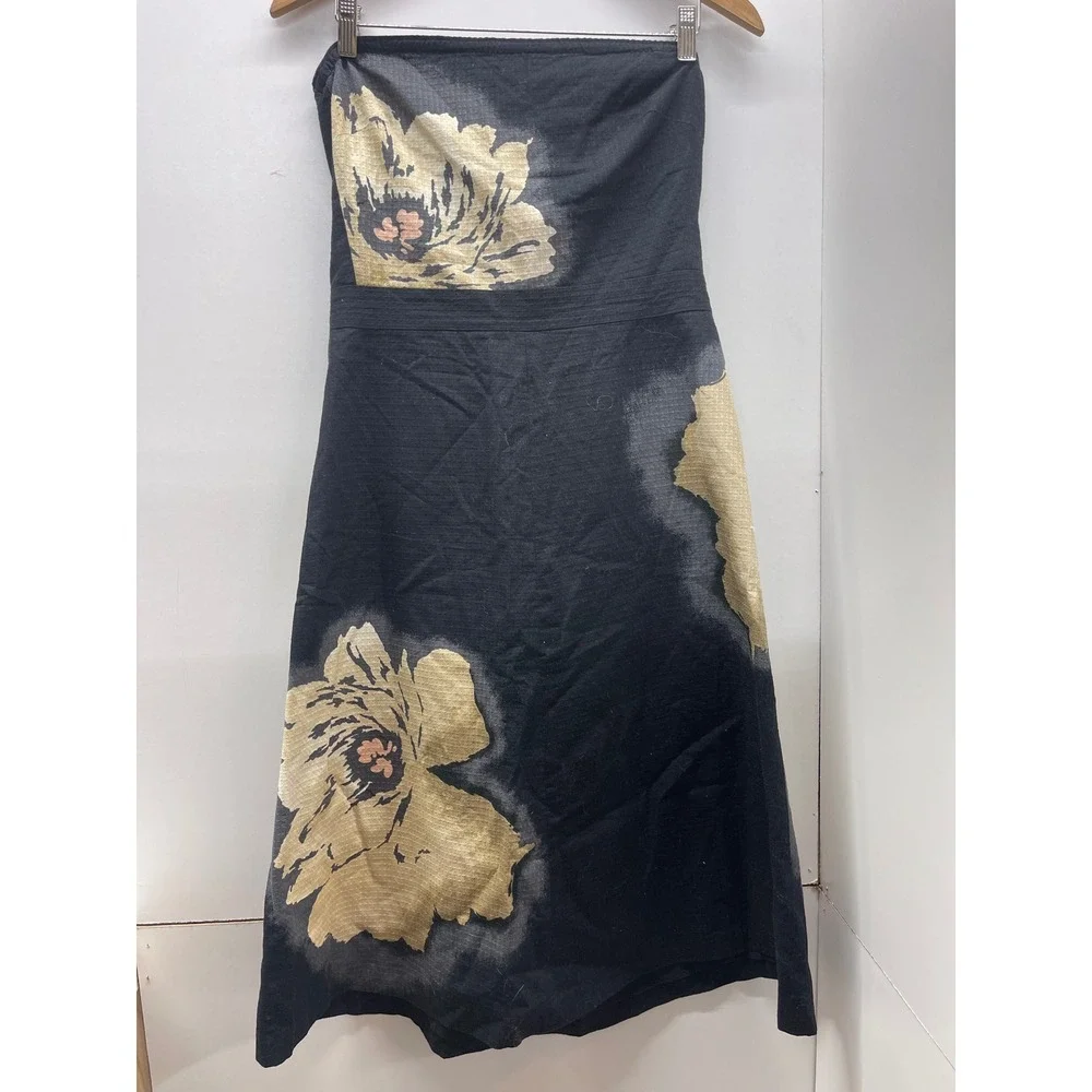J. Crew Womens Black Gold Metallic Floral Strapless Cotton Midi Dress Size 12